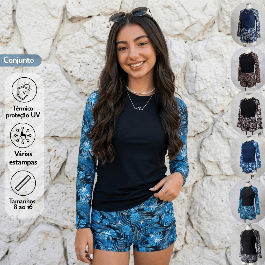 Conjunto Menina Blusa Manga Raglan Estampada e Shorts Estampo de Plantas Tropicais Adolescente 49-ME
