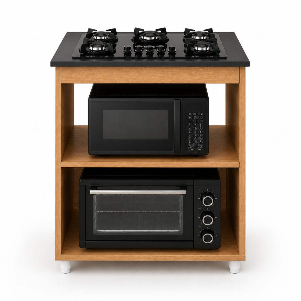 Balcão para Cooktop 5 Bocas Lara com Tampo Recortado e Nichos para Forno Elétrico e Microondas