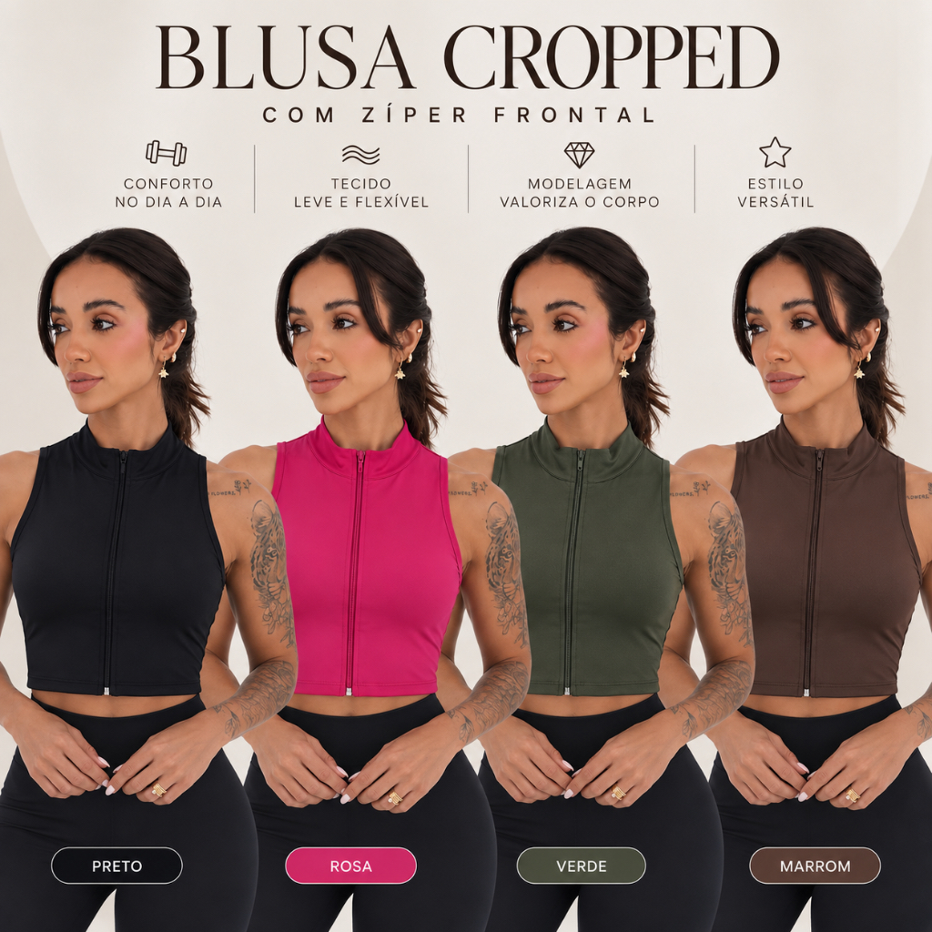 Blusa cropped feminina com ziper frontal