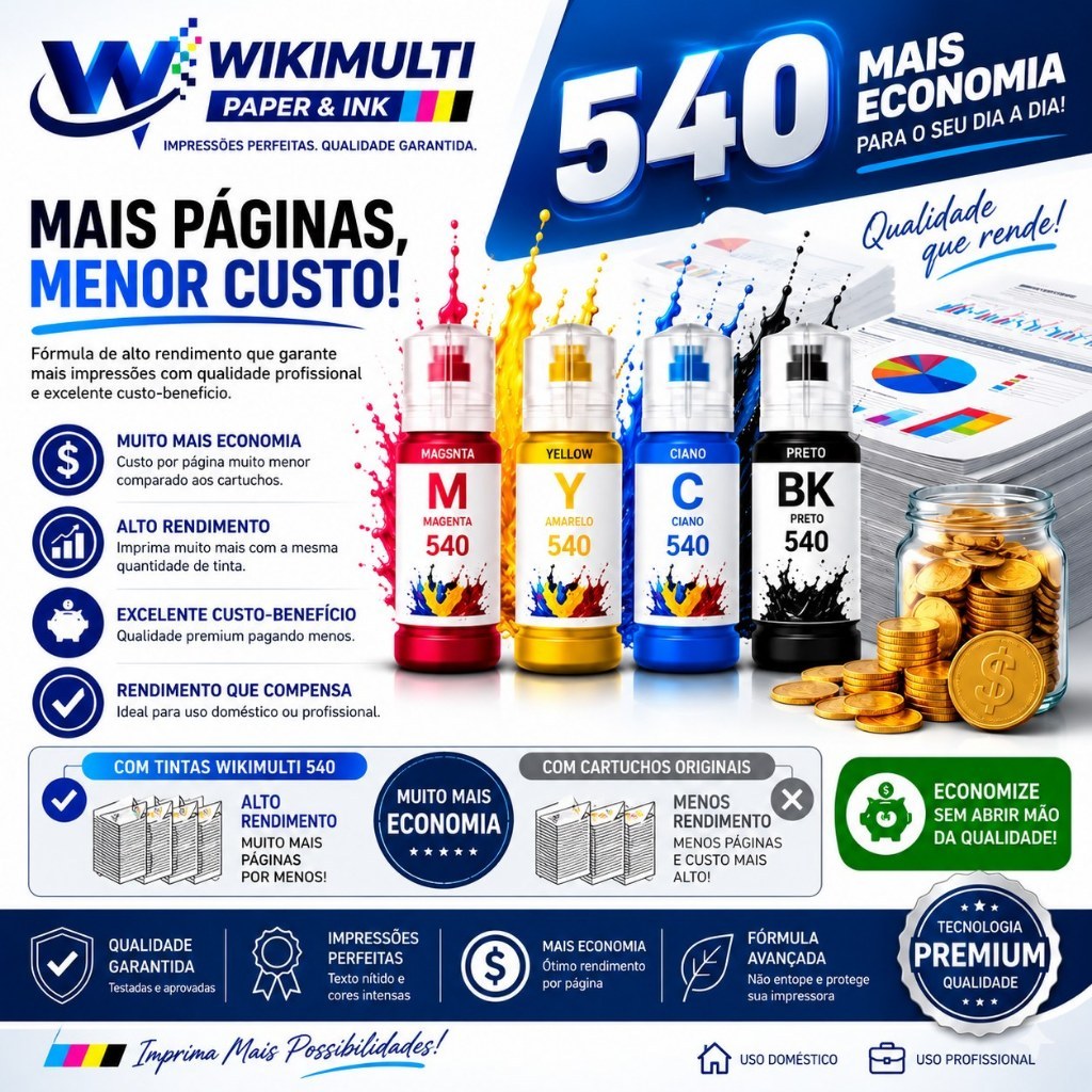 Tintas WikiMulti Paper Compativeis com Impressoras EcoTank Familia T540 - Modelo L3110 L3150 L3210 L3250 L5190 - 70ml c