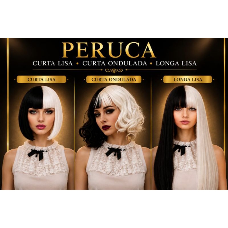 Peruca para Fantasia Preto e Branco – Peruca Bicolor para Halloween, Carnaval e Festas Temáticas