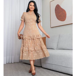 Vestido Chiffon Bordado Moda Evangélica, Elegante para Festas, Casamentos e Eventos.