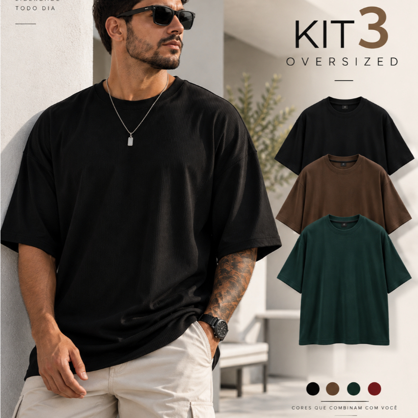 Kit 3 Camisetas Oversized Masculina Premium Canelada Camisa Streetwear Conforto P AO G2