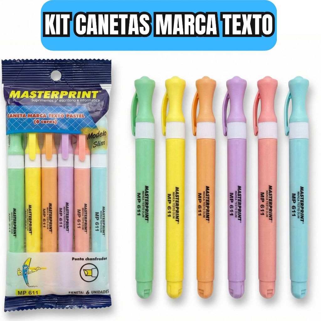 Kit Marcador de Texto Pastel 6 Cores Ponta Chanfrada Secagem Rápida