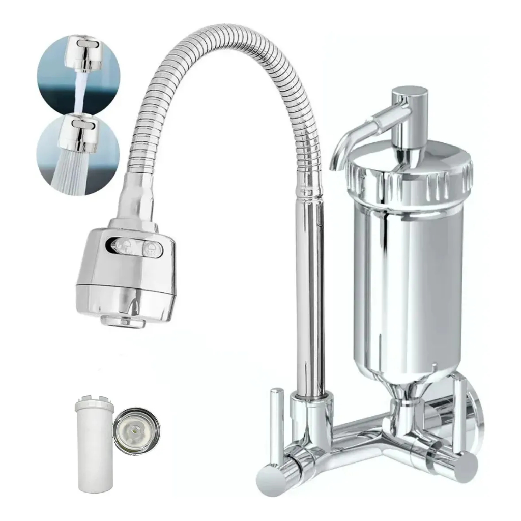 Torneira Com Filtro Com Purificador Agua Bica Flexível Gourmet para Cozinha Parede Luxo Chuveirinho 2 Modos de Jatos A M