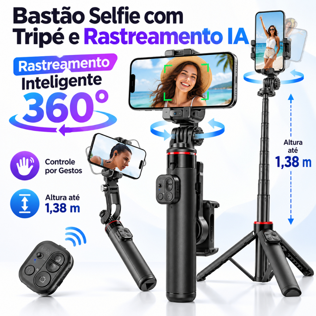 Gimbal Estabilizador 360° Dobrável para Selfie com Rastreamento Facial IA Tripé Bastão e Controle Remoto