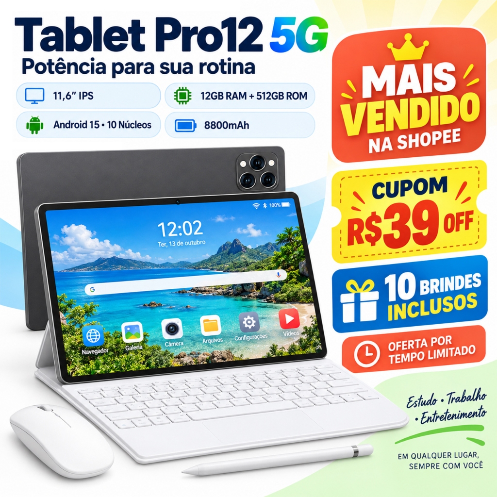 Tablet pad Pro12 5G Tela Grande PC Android 15 12GB RAM 512GB Com Teclado Bluetooth Mouse Caneta Stylus Kit Completo