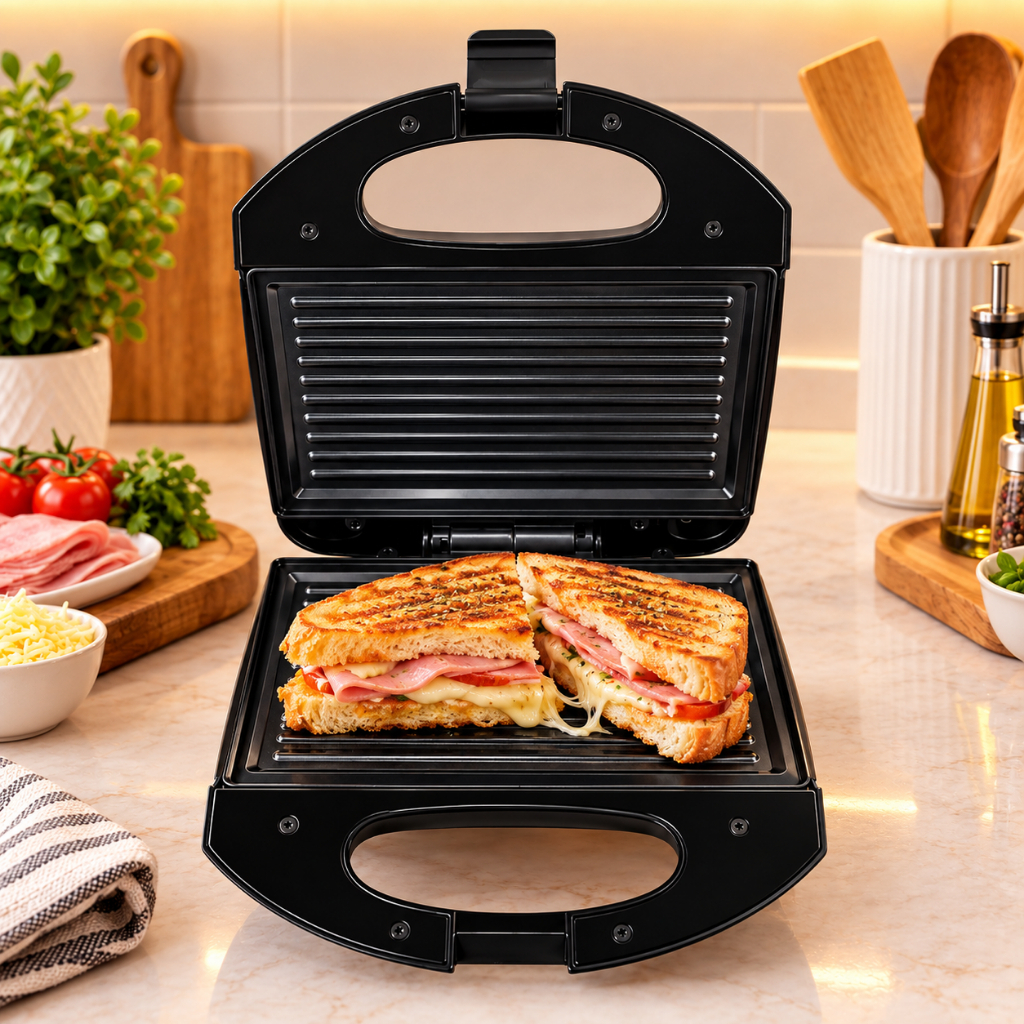 Sanduicheira Grill Elétrica 750W Antiaderente 2 Sanduíches Rápido Preto Termostato Automático, super Eficiente