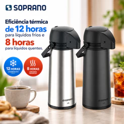 Garrafa Térmica Grande 1,9 Litros de Café Chá Single Inox Preto Conserva Quente Frio Soprano 1,9L