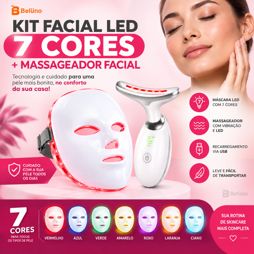 Kit Máscara Facial LED 7 Cores Fototerapia + Massageador Facial Rosto e Pescoço Skin Care