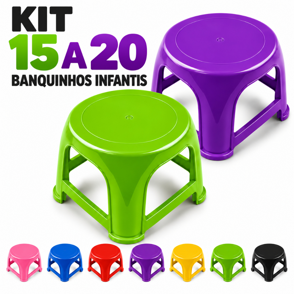 Kit 20 Banquinho Infantil 18cm Plástico Resistente Azul Rosa Banco Escolar Creche Atacado Até 25kg
