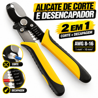 Alicate Desencapador de Fios com Corte 2 em 1 AWG 8 a 16 Cabo Emborrachado