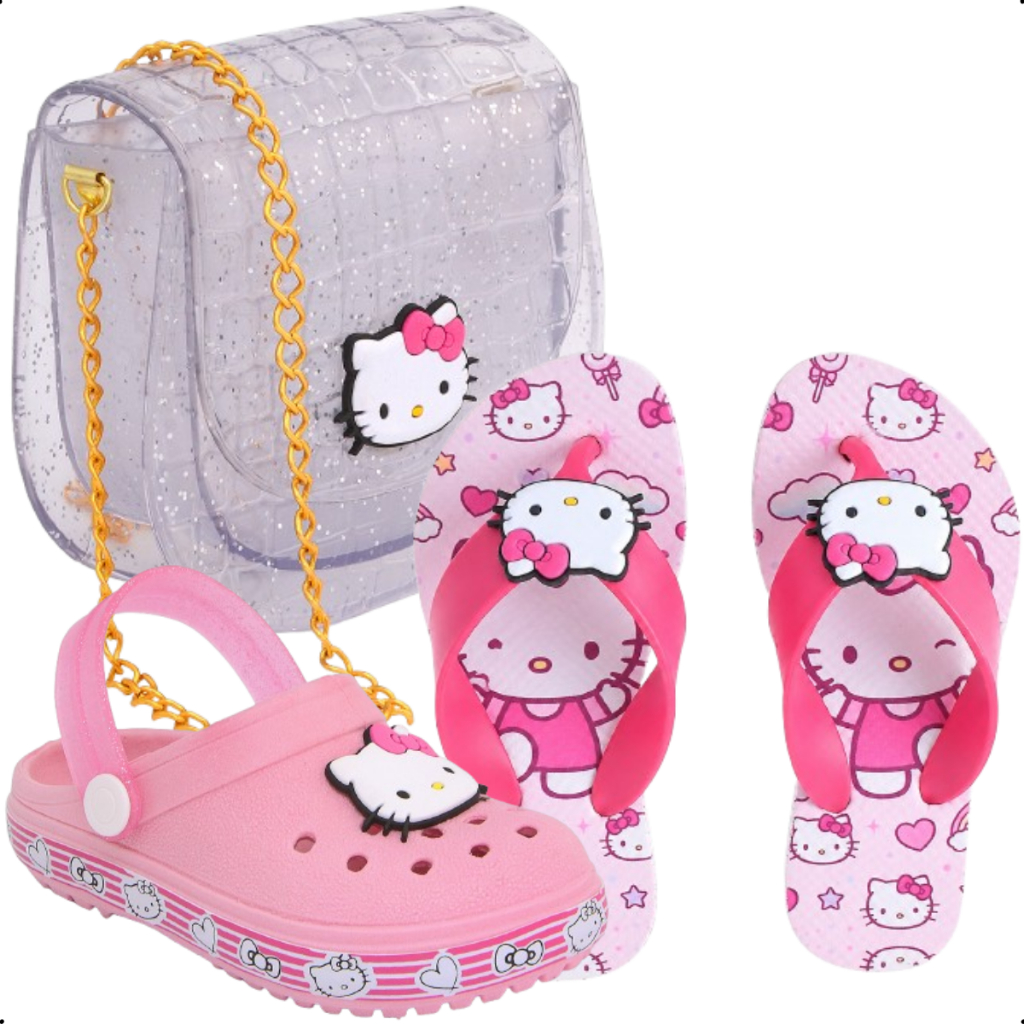 Kit 3 Peças Infantil Menina Cinza Babuche Chinelo + Bolsa Feminina Kids Marca Mippofun