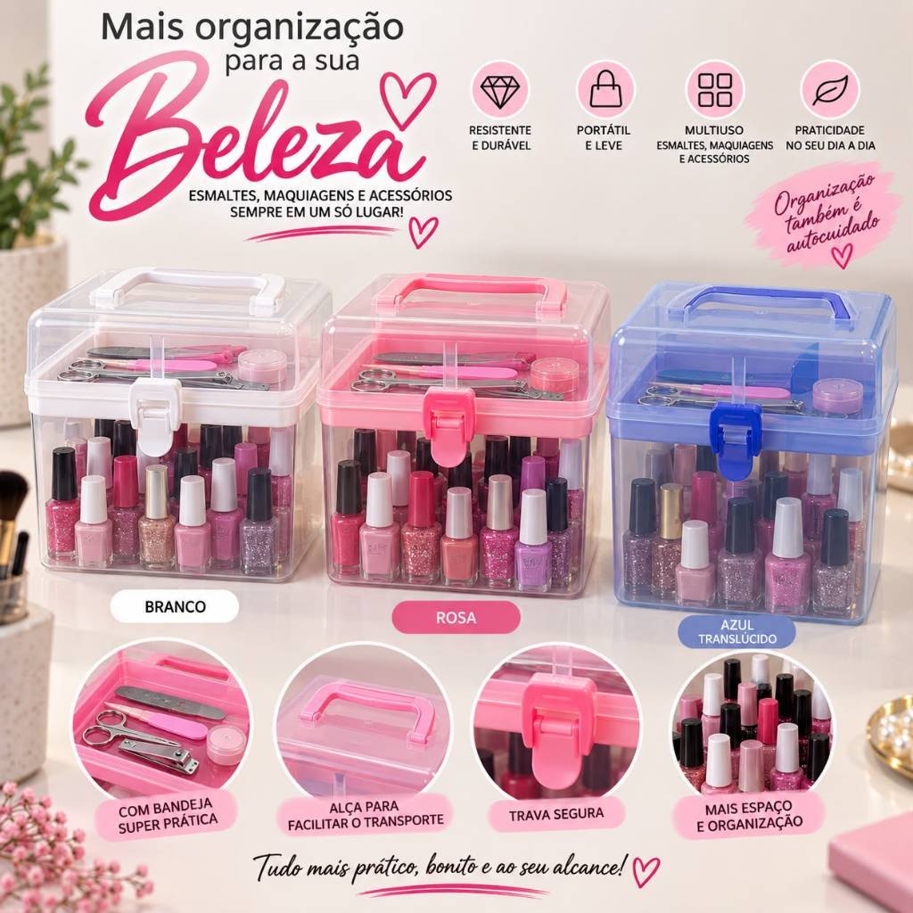 Maleta Porta Tudo Organizadora Rosa com Divisórias para Costura Maquiagem Ferramentas Alça