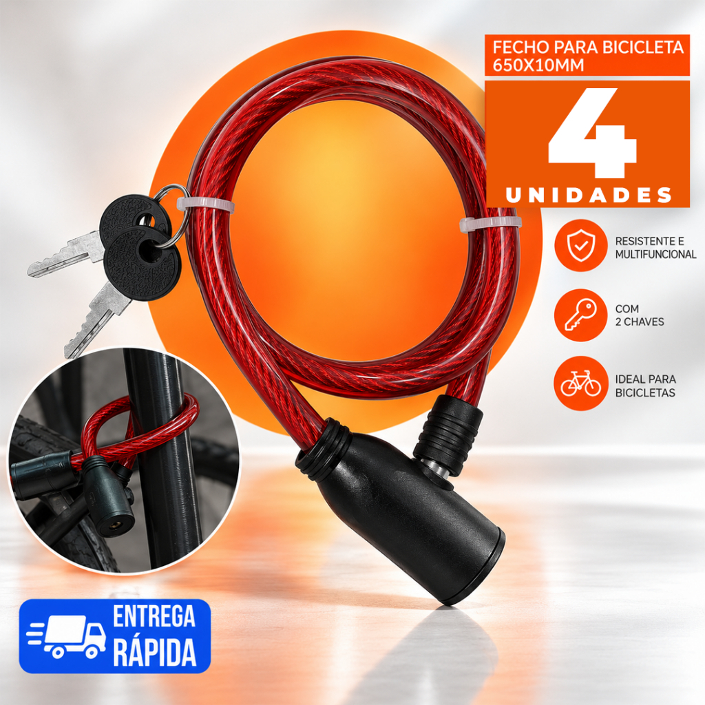 Kit 4 Unidades Cadeado para Bicicleta Cabo de Aço 65cm x 1cm Com Chave Anti Furto Para Capacete Bike Portão Moto