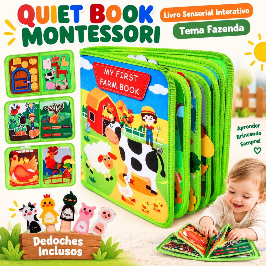 Livro de Feltro Montessori Quiet Book Fazenda Brinquedo Sensorial Educativo Interativo Desenvolvimento Infantil