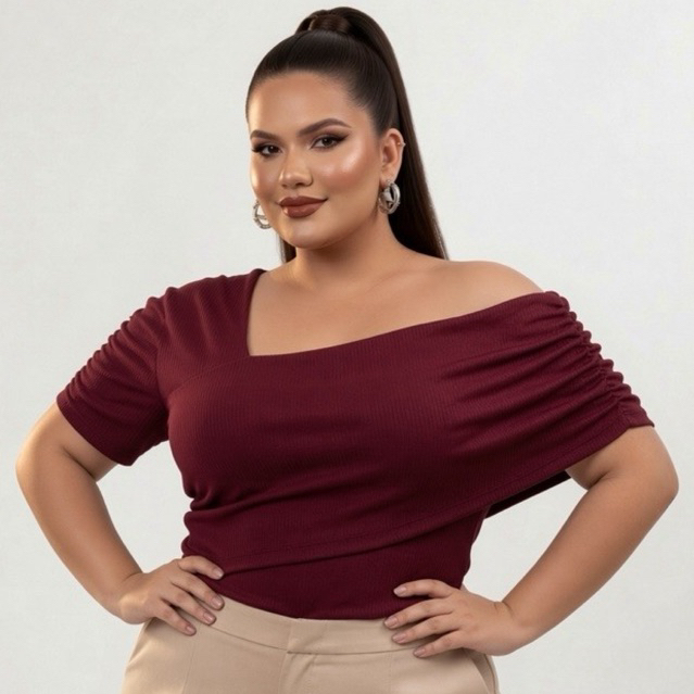Blusa Plus Size Transpassada Feminina Ombro a ombro Manga Curta Canelada Elegante Casual estilosa