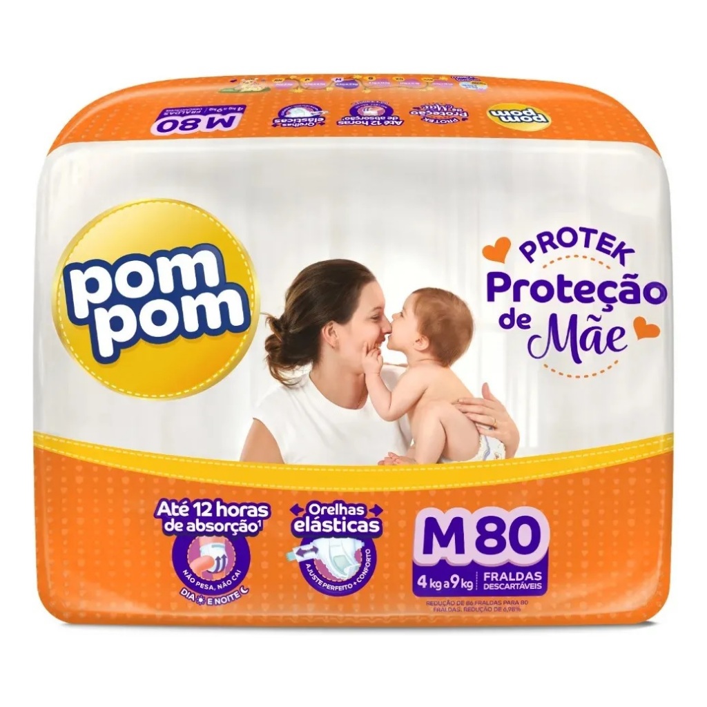 1 Pacote Fralda Pompom Hiper Derma Protek Proteção de Mãe M 80un