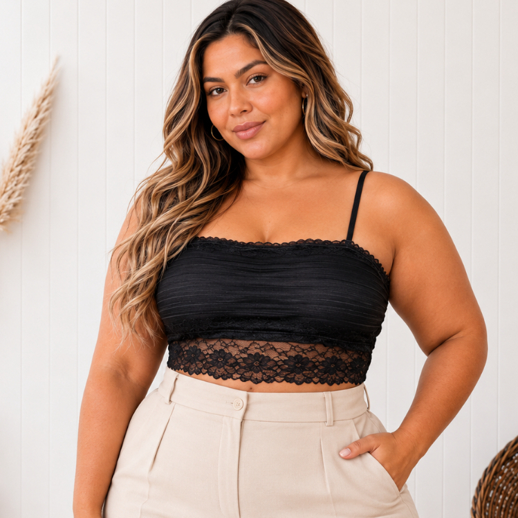 Top Faixa Plus Size com Bojo Renda Rendado Cropped Top Alcinha Regulável Blusa Suplex Feminina Elegante Festa 46 ao 52