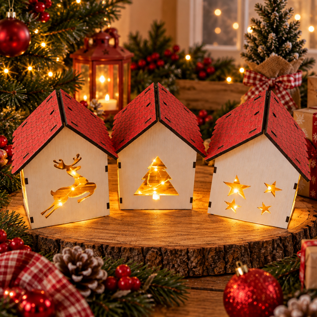 Trio Casinhas Natalinas Brancas c/ LED –Decoração de Natal Charmosa c/ Pisca Pisca /Trocoleto Decor