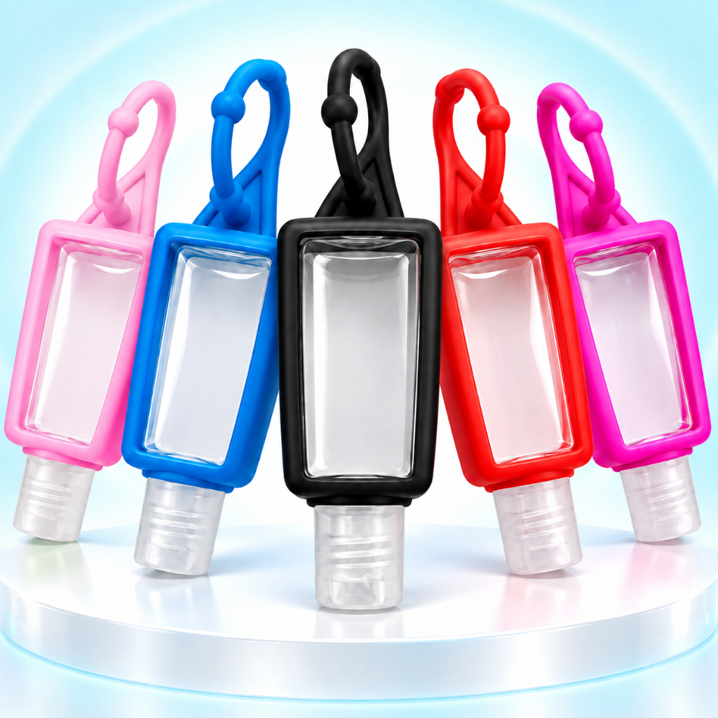 Porta Álcool em Gel Portátil 30ml Chaveiro frasco Silicone Garrafinha Higienizadora para mãos