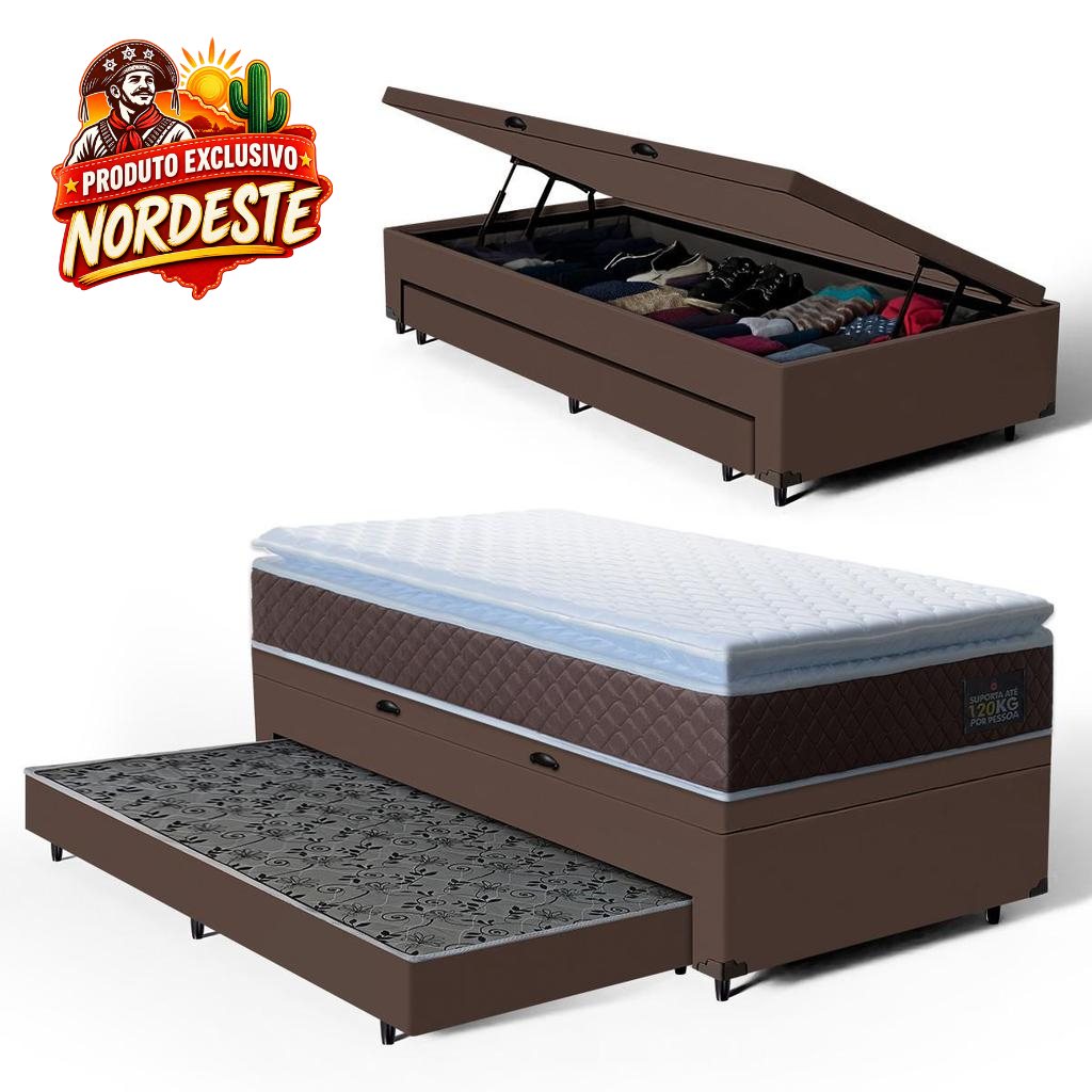 Cama Box Baú com Colchão de Espuma D33 Pillow Top Ortopédico Comfort Luxo + Auxiliar Unique Solteiro 88cm
