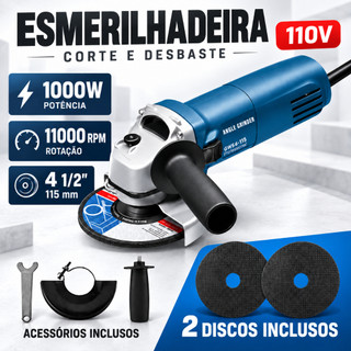 Esmerilhadeira e Lixadeira 1000W 4.1/2" 115mm 11000 RPM c/ 2 Discos para Remoção de Ferrugem, Desbaste e Corte de Tubos