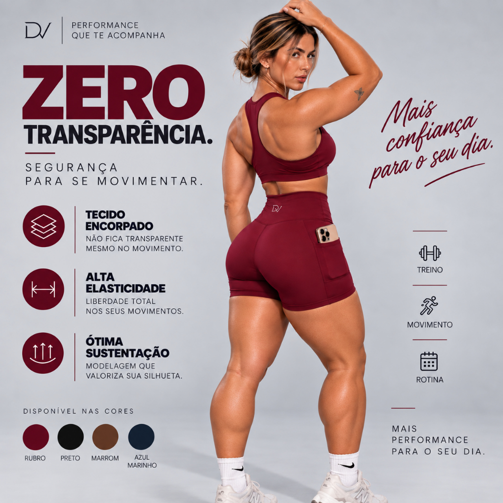 Shorts Legging Leg Feminino Cós Alto com Bolso Porta Celular Zero Transparência Suplex Premium Academia Fitness Treino
