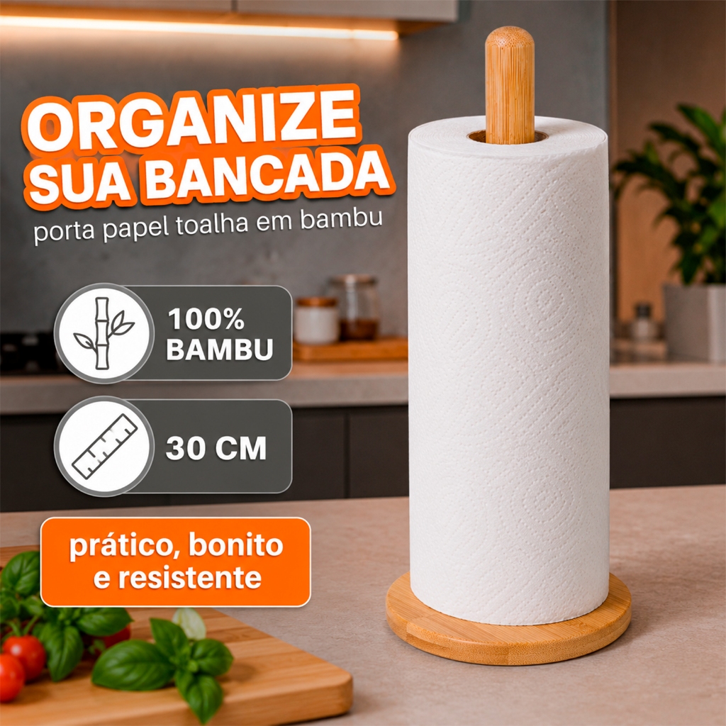 Porta Papel Toalha em Bambu para Organizar Bancada de Cozinha