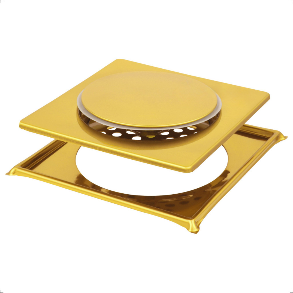 Ralo Click 15x15 Com Porta Grelhas Dourado Gold em Aço Inox Quadrado Inteligente Para Banheiro
