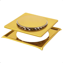 Ralo Click 15x15 Com Porta Grelhas Dourado Gold em Aço Inox Quadrado Inteligente Para Banheiro