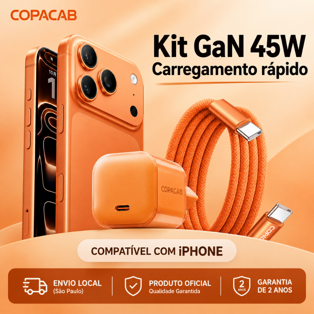 Fonte carregador 45W PD USB - C Super Rápido + Cabo USB-C para iPhone 15 16 17 18 Pro Max e Samsung/Android original