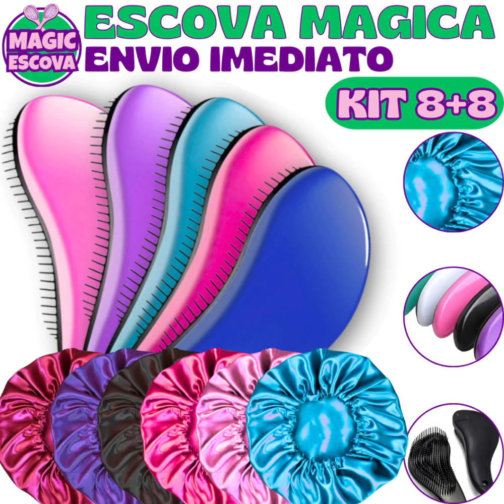Kit 16 - Kit 8 Touca De Cetim + Kit 8 Escovas Mágicas pra cabelo - Anti Frizz - De Desembaraçar Cabelo
