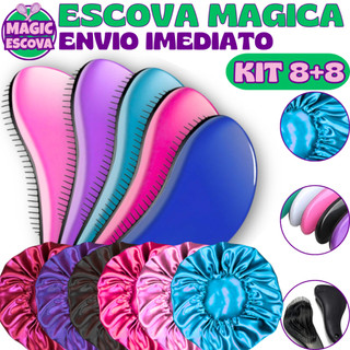 Kit 16 - Kit 8 Touca De Cetim + Kit 8 Escovas Mágicas pra cabelo - Anti Frizz - De Desembaraçar Cabelo