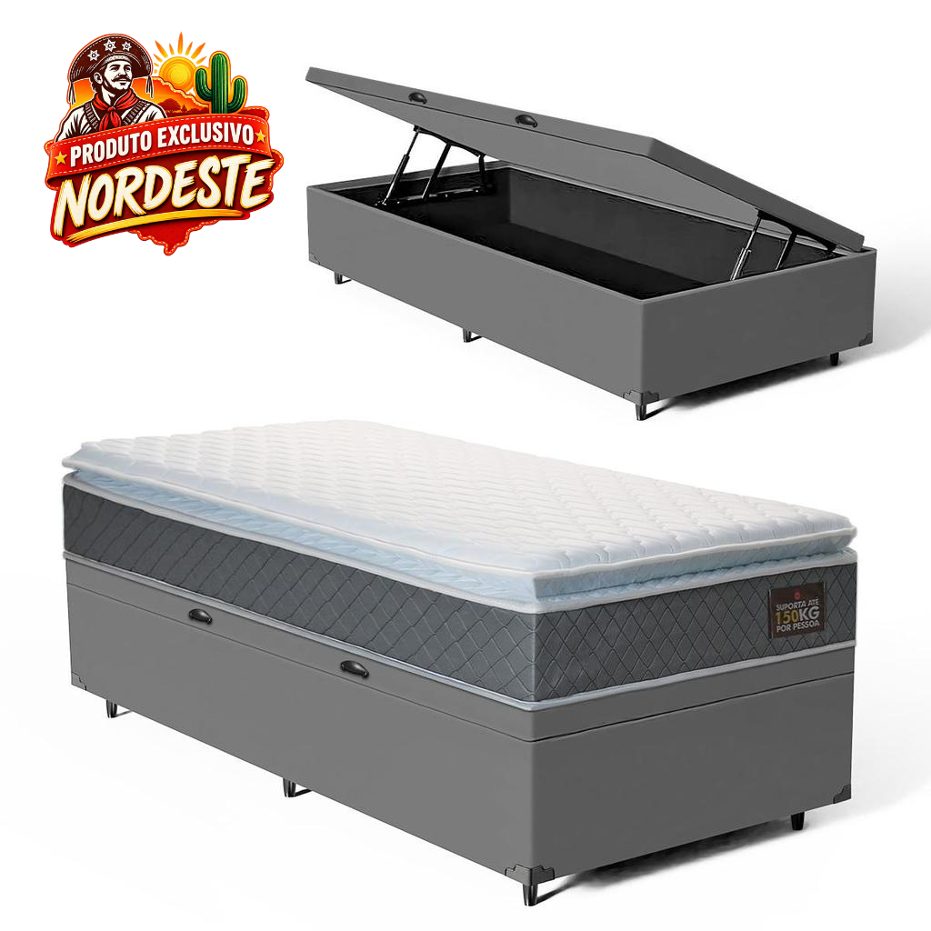 Cama Box Baú com Colchão de Espuma D45 Pillow Top Fort Comfort Solteiro 88cm