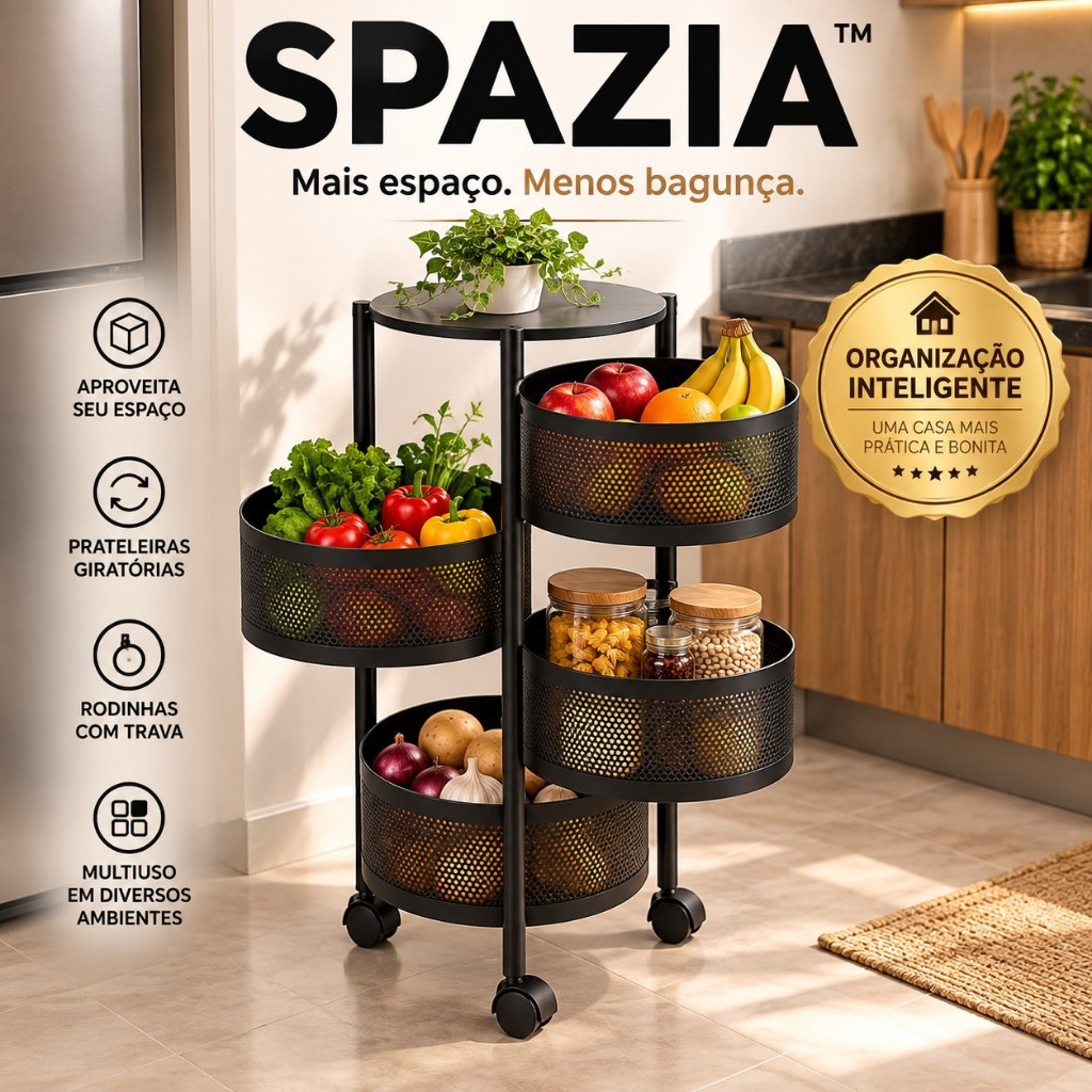 Carrinho Organizador Multiuso Giratório com Rodinhas 3 Prateleiras para Cozinha Banheiro Lavanderia SPAZIA™