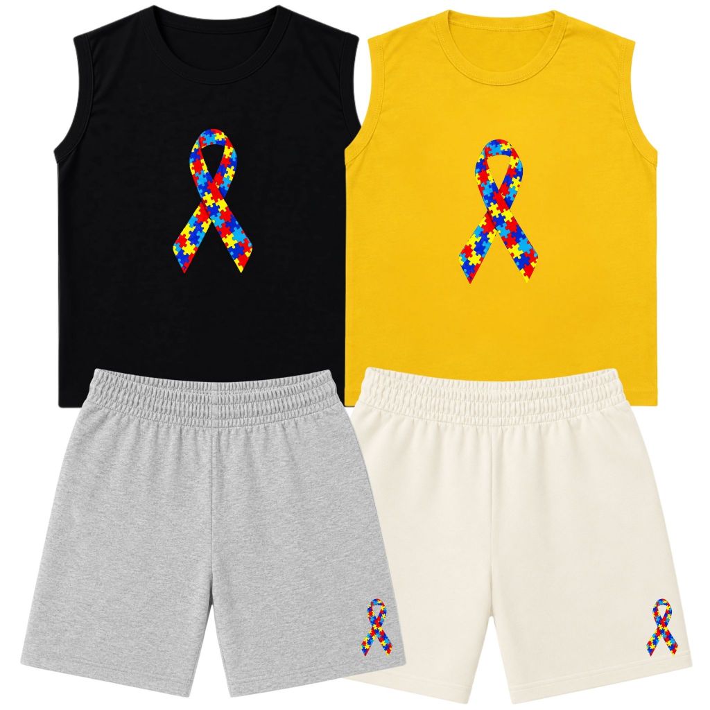Kit 2 Conjuntos Sortidos Infantil Autismo (TEA) Camiseta Sem Manga Estampada Confortável Menino Verão Passeio