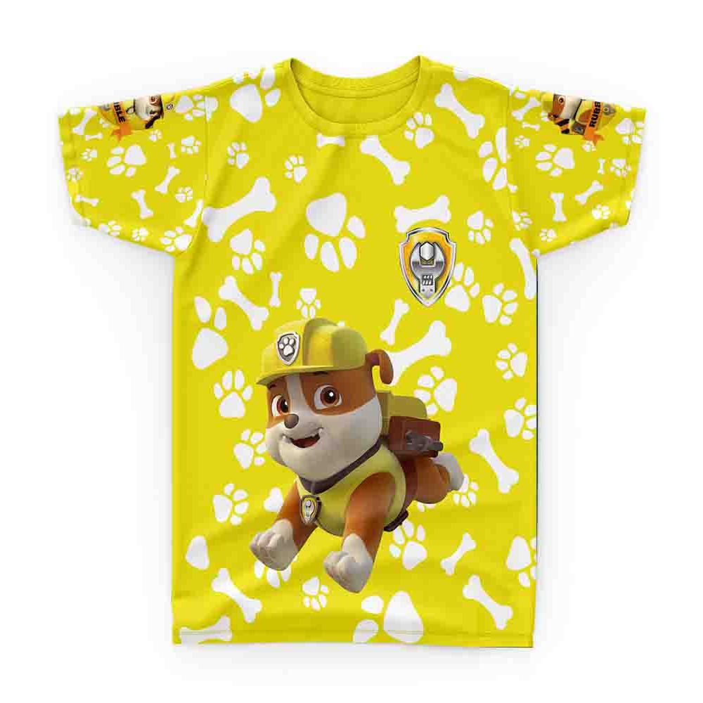 Camiseta Camisa Patrulha Canina Ruble Amarela Adulto e Infantil Estampada Frente e Verso