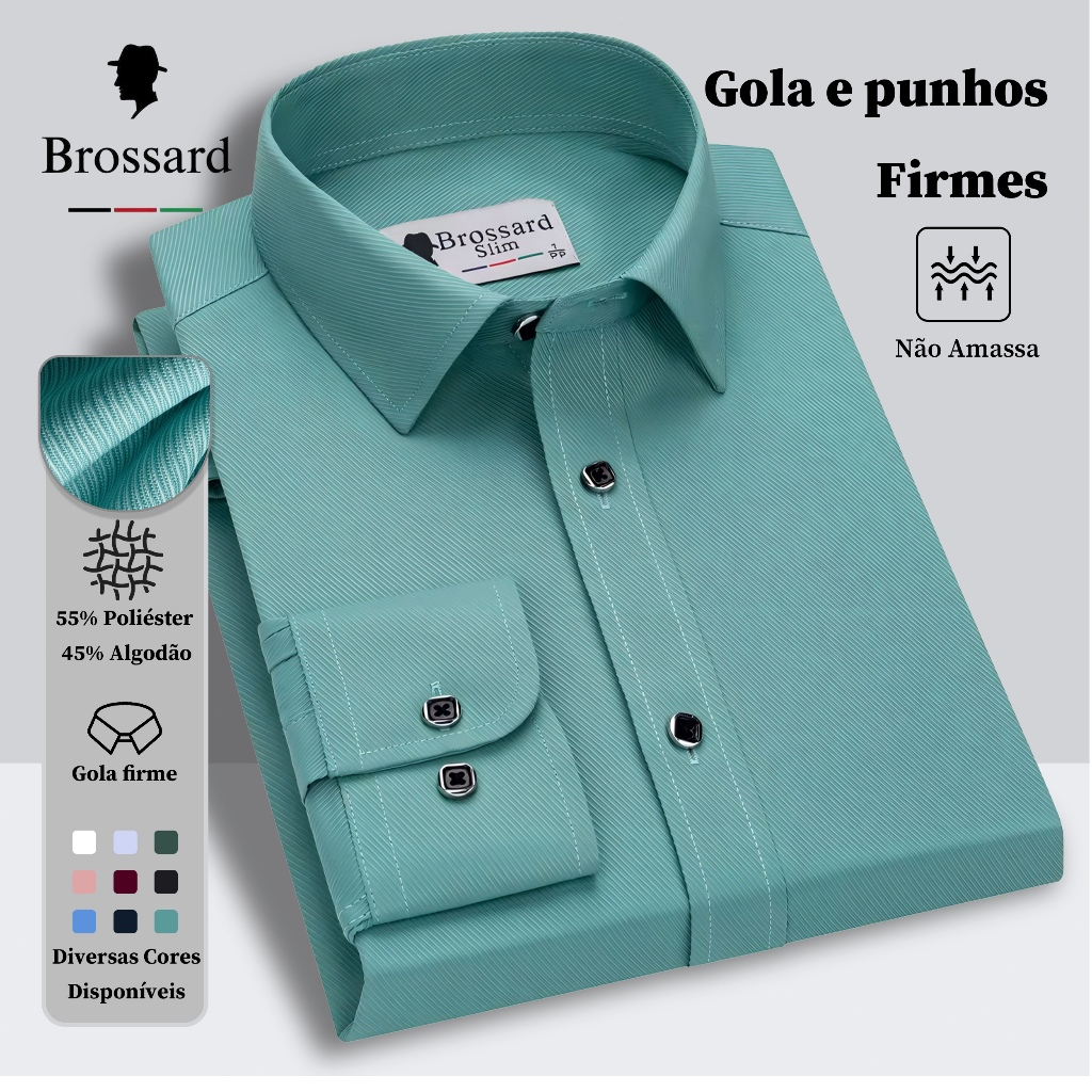 Camisa Social Masculina Manga Longa Não Amassa Slim Algodão BROSSARD, Blusa Respirável e Confortável