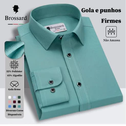 Camisa Social Masculina Manga Longa Não Amassa Slim Algodão BROSSARD, Blusa Respirável e Confortável