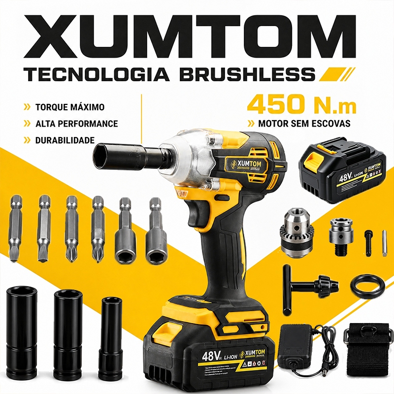 Chave De Impacto 450NM 48V Portátil Eletrica Sem Fio Parafusadeira Furadeira Brushless Troca Pneus Automotiva