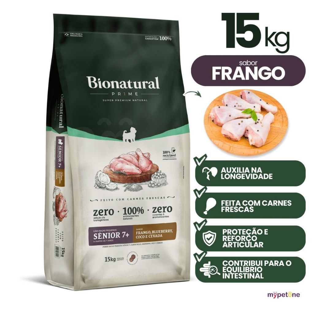 Ração Bionatural Prime 15Kg Cães Raças Pequenas Sênior 7+ Frango