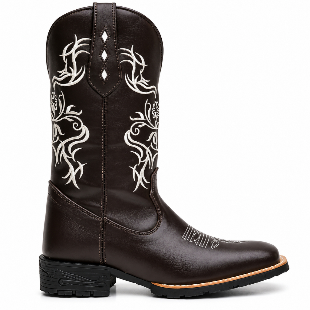 Bota Botina Texana Unissex Flor Branca Bordada Com Bico Quadrado