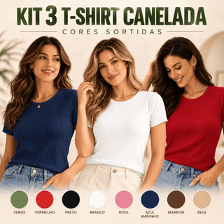 COMBO 3 T-SHIRT CORES SORTIDAS MALHA CANELADA BLUSA FEMININA VERÃO CASUAL TRABALHO COMBO PERFEITO QUALIDADE PREMIUM