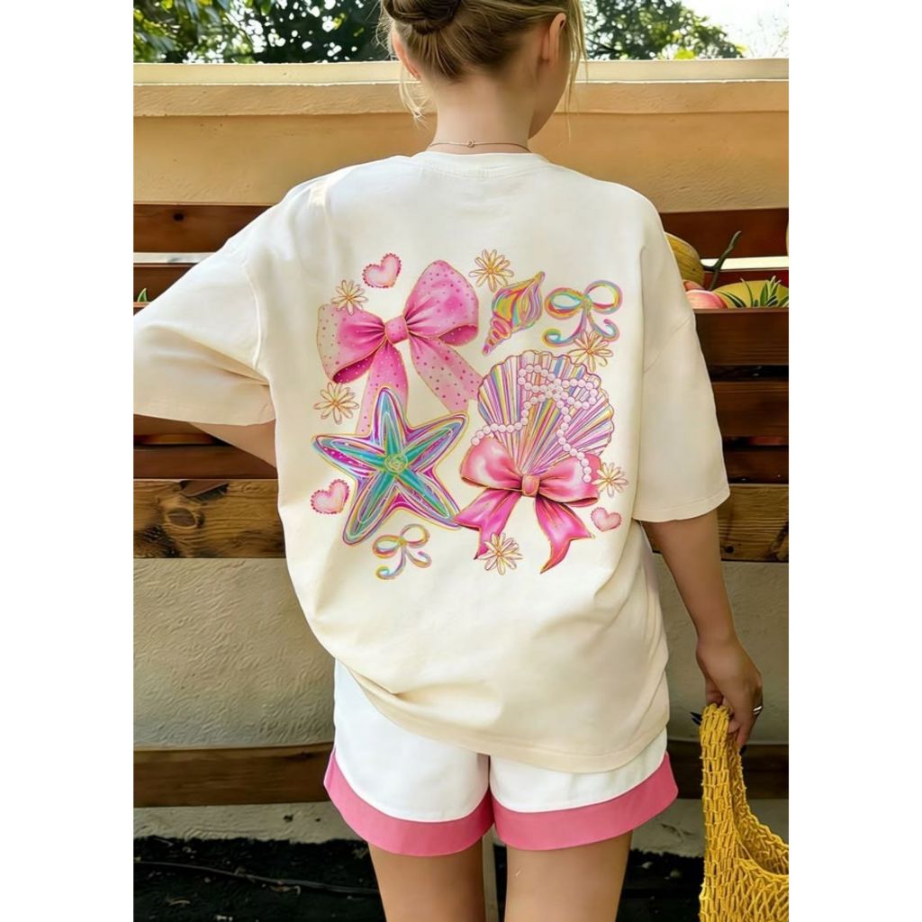 Camiseta Feminina Estampado com: Lacinho Estrela Conch- Básica Moderna 100% Algodão Manga Curta Gola Redonda Confortável