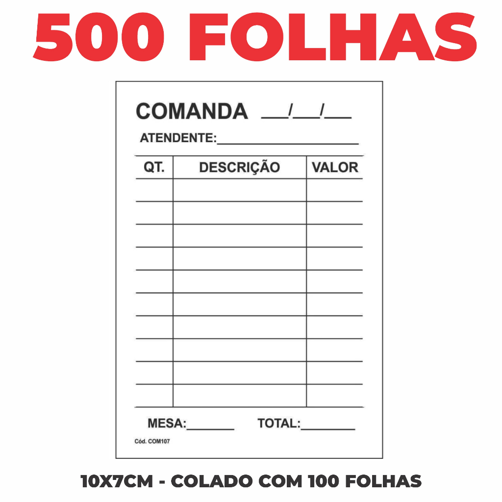 Comanda Pedido Mesa Restaurante - Bar -  Lanchonete - 7x10 cm com 500 folhas p/b