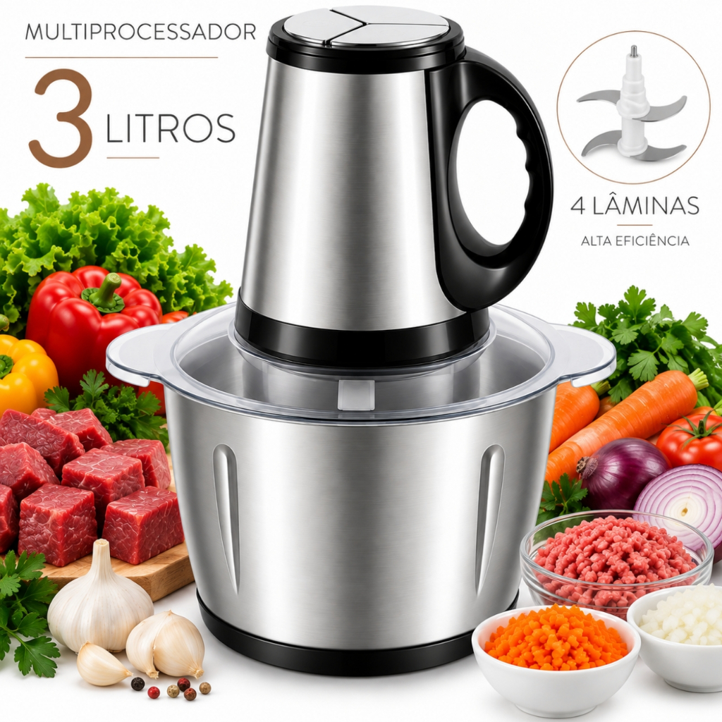 Moedor Elétrico 3 Litros Multiprocessador Mixer 4 Lâminas Picador Triturador de Carne Temperos Legumes Inox 110v ou 220v