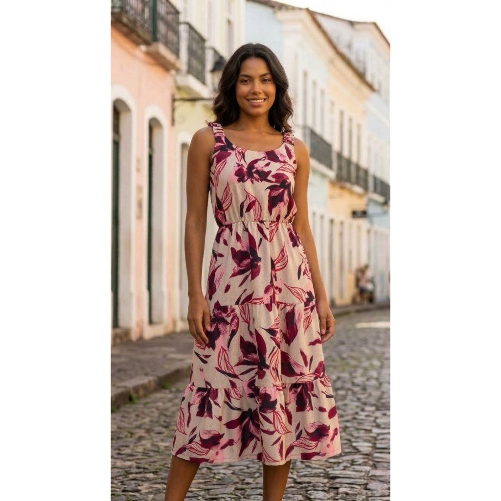 Vestido Midi Estampado Alça Larga Com Elástico Na Cintura Babados Três Marias Moda Feminina Casual