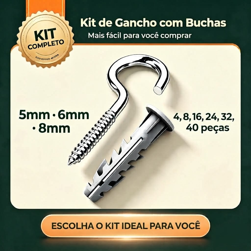 Gancho Com bucha 5, 6 e 8 mm Com 8,16,24,32 ou 40 Peças, kit de gancho zincado com bucha