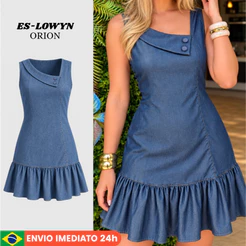 Vestido Casual Jeans Tencel com Botões e Bolsos para Mulheres Moda Verão Confortável